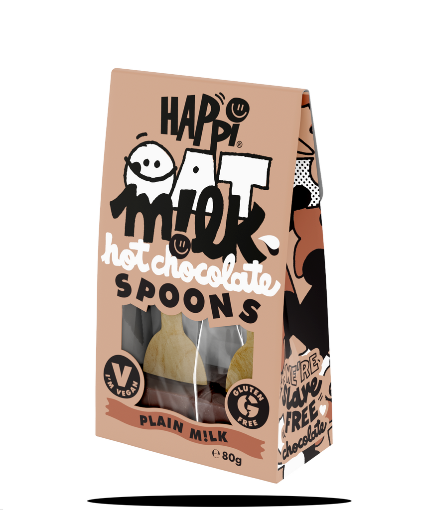 Vegan-friendly plain milk hot chocolate spoons in brown packaging