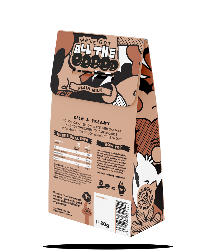 Vegan-friendly plain milk hot chocolate spoons in brown packaging - back view